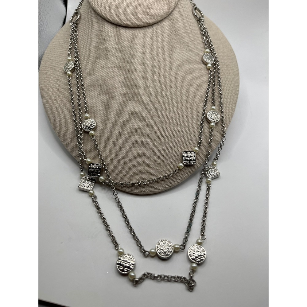 Ann Taylor two strand silver-tone station necklace geometric accents faux pearls